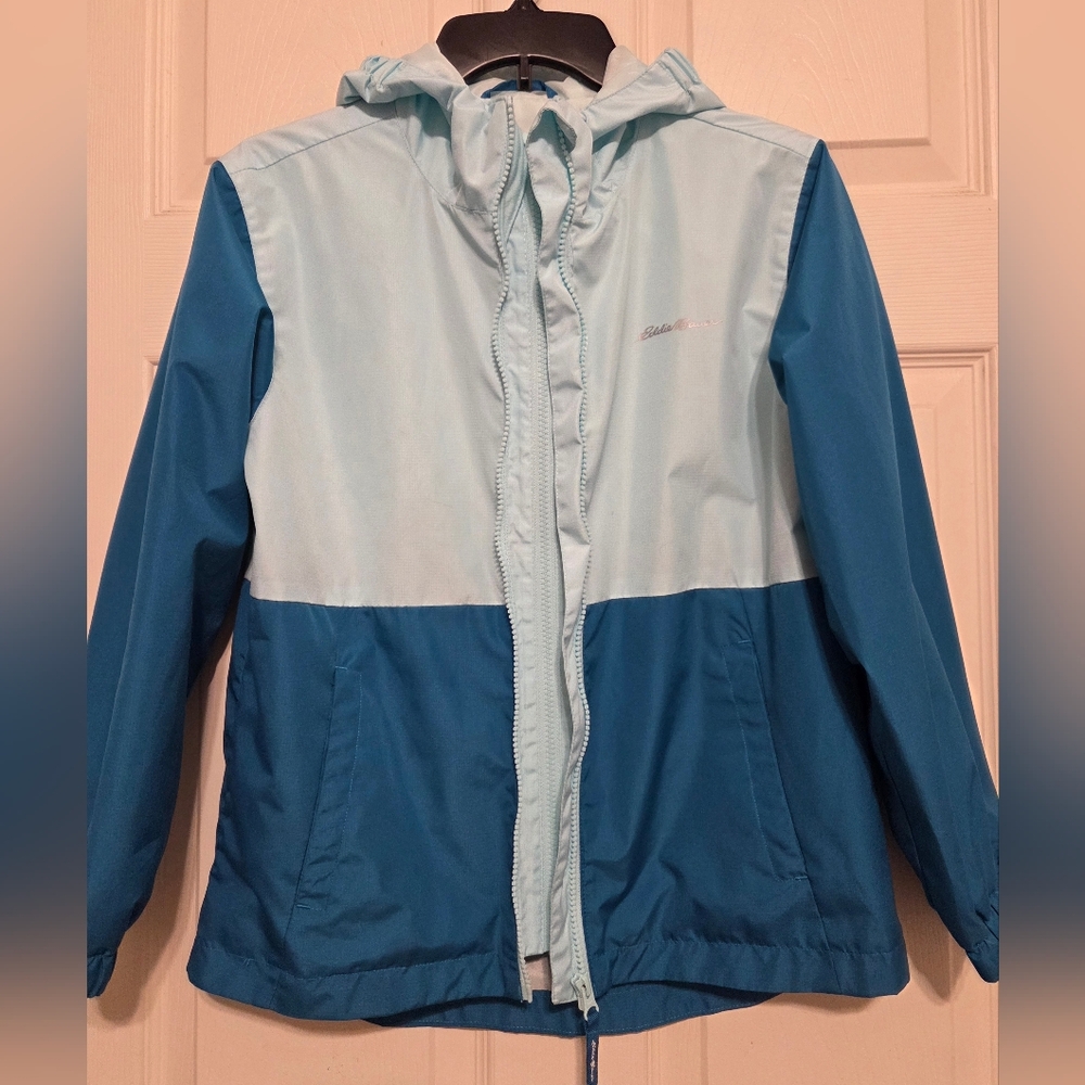 Eddie Bauer Boy's M (10)  Aqua Blue Hooded Windbreaker Full Double Zip